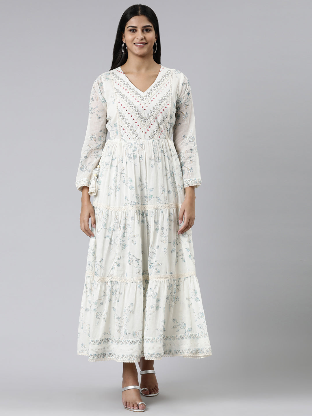 Neerus White cotton printed anarkali kurti - front view