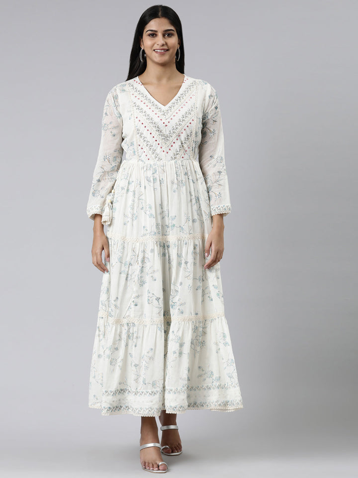 Neerus White cotton printed anarkali kurti - front view