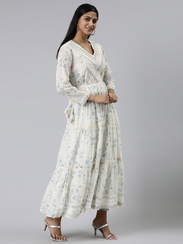 Neerus White cotton printed anarkali kurti - back view