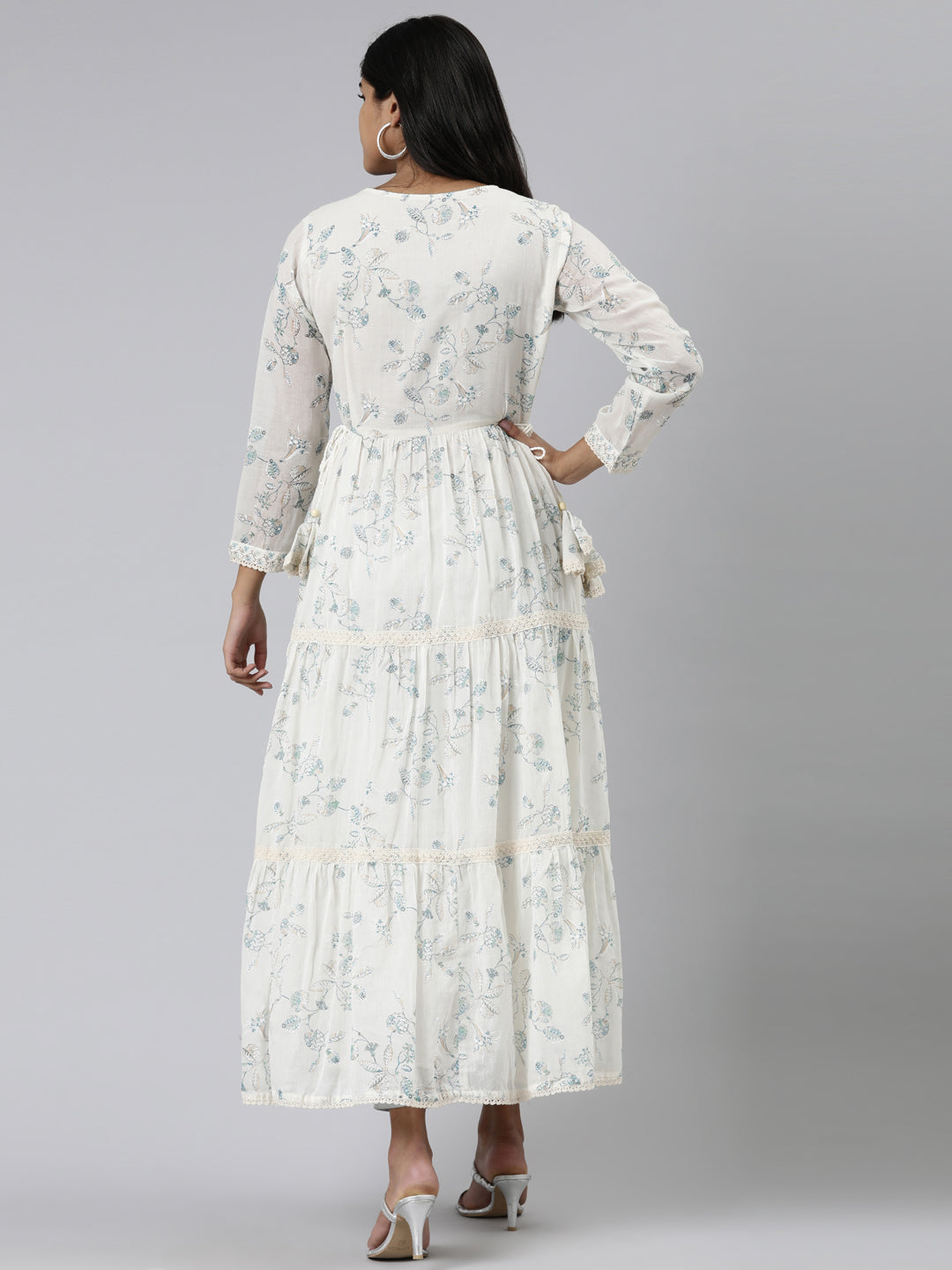 Neerus White cotton printed anarkali kurti - side view
