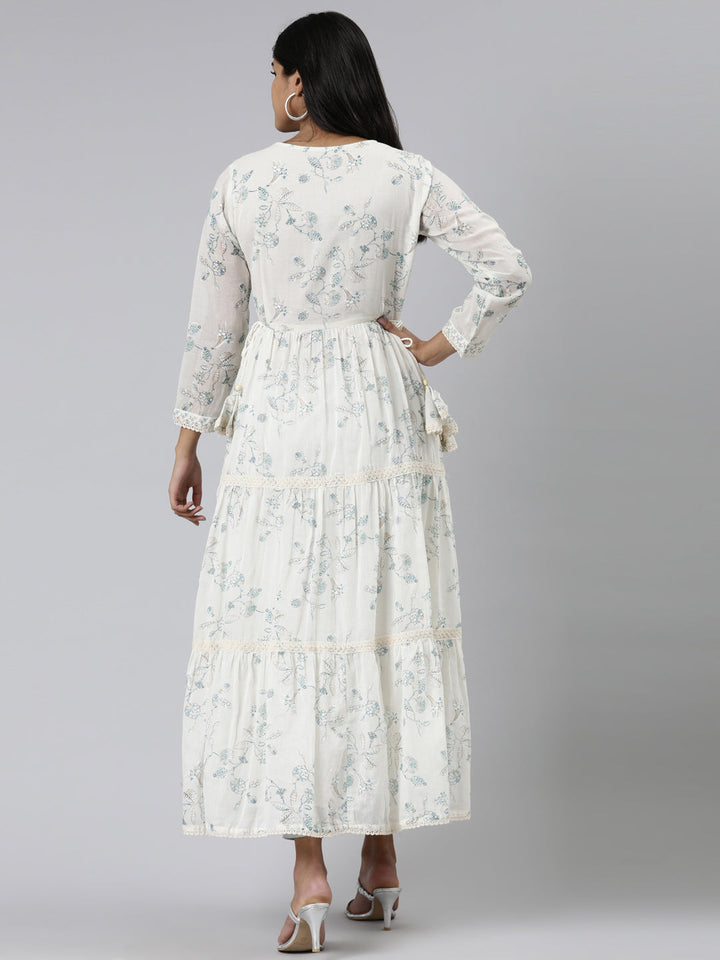 Neerus White cotton printed anarkali kurti - side view