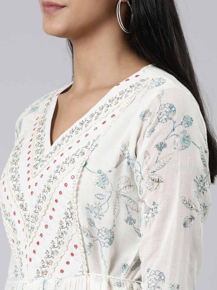 Neerus White cotton printed anarkali kurti - detail view 1