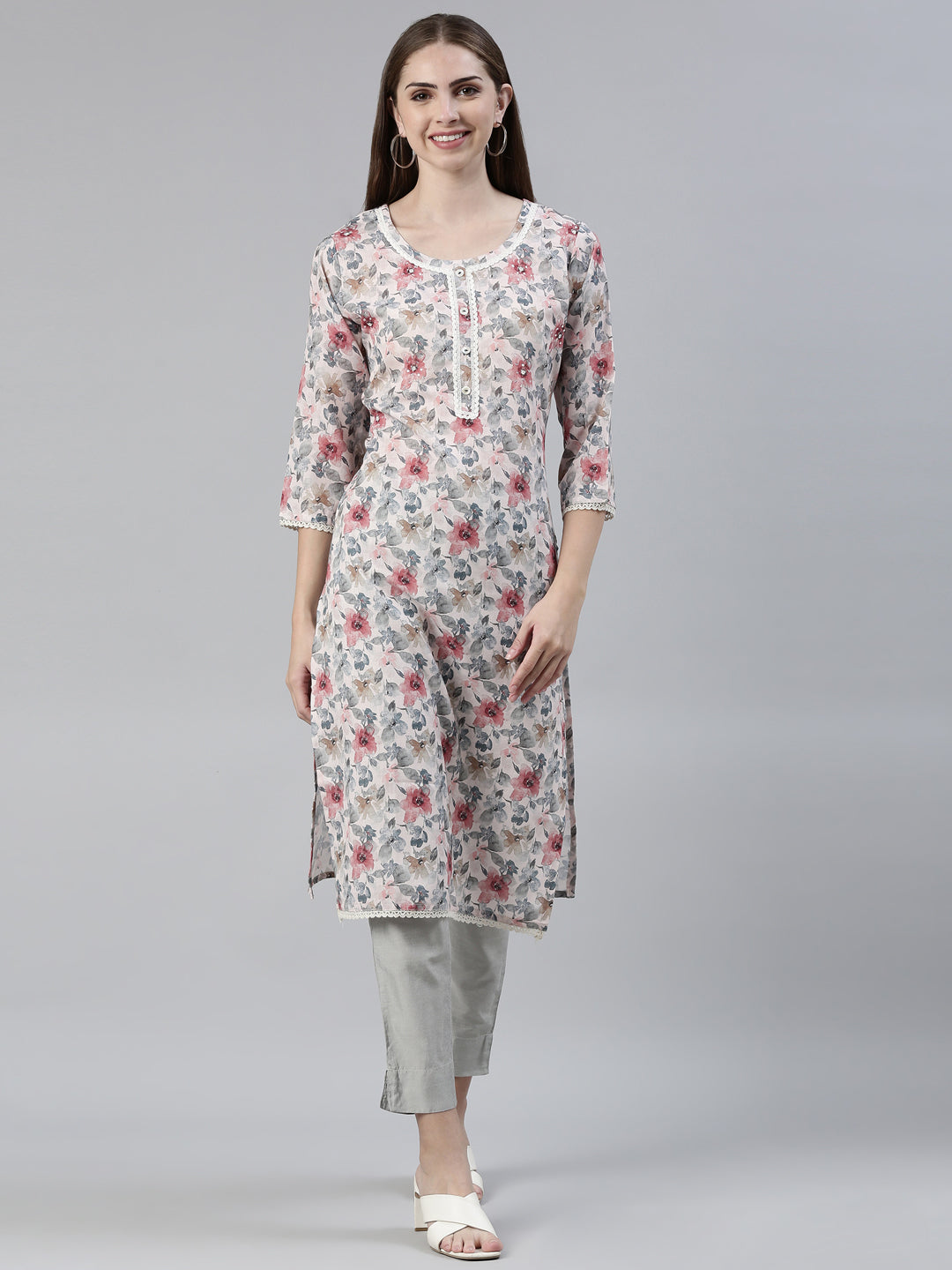 Neerus Multi viscose rayon printed floral kurti - front view