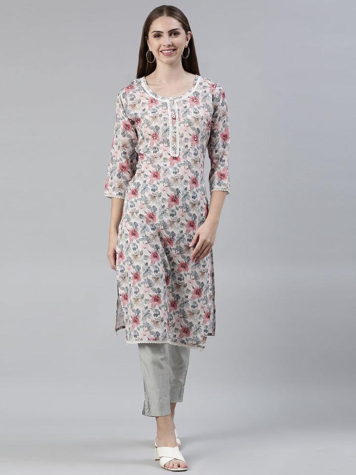 Neerus Multi viscose rayon printed floral kurti - front view