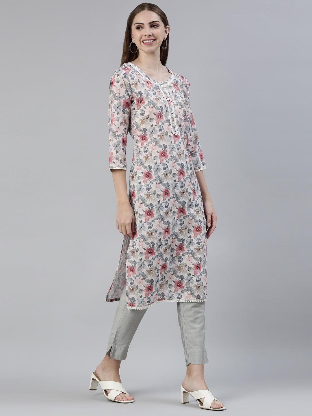 Neerus Multi viscose rayon printed floral kurti - back view