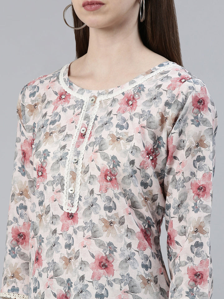 Neerus Multi viscose rayon printed floral kurti - detail view 1