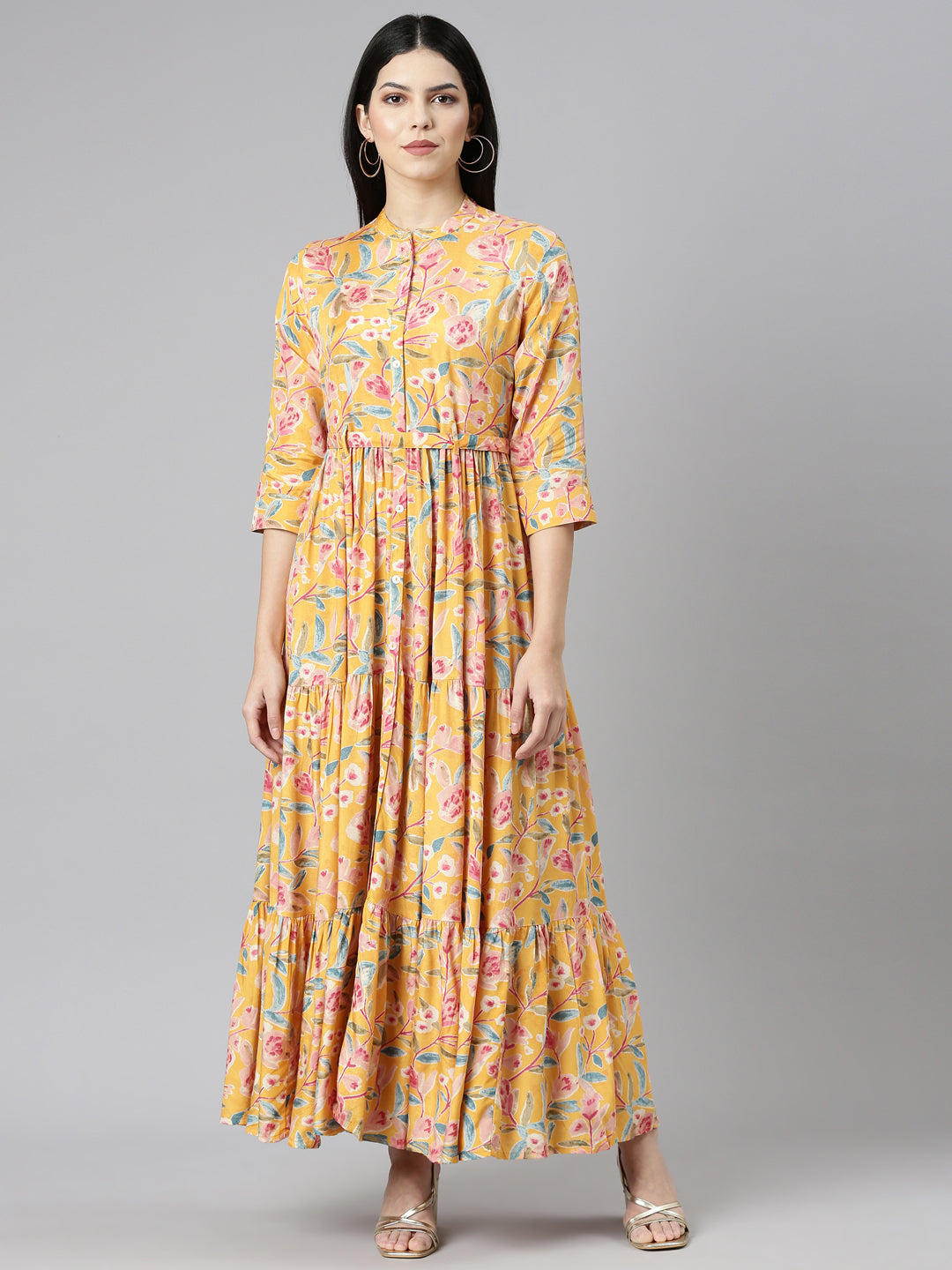 Neerus Yellow printed flared gown - front view
