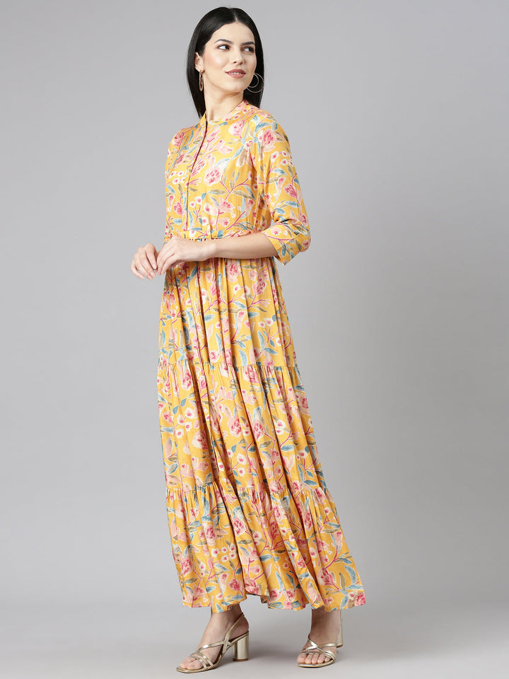 Neerus Yellow printed flared gown - back view