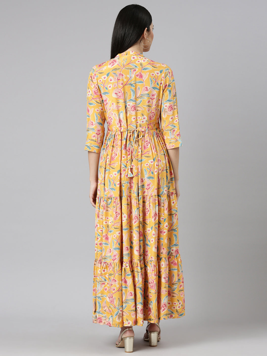 Neerus Yellow printed flared gown - side view