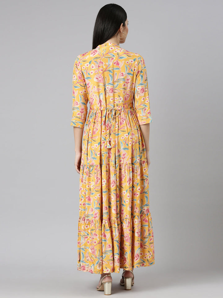 Neerus Yellow printed flared gown - side view