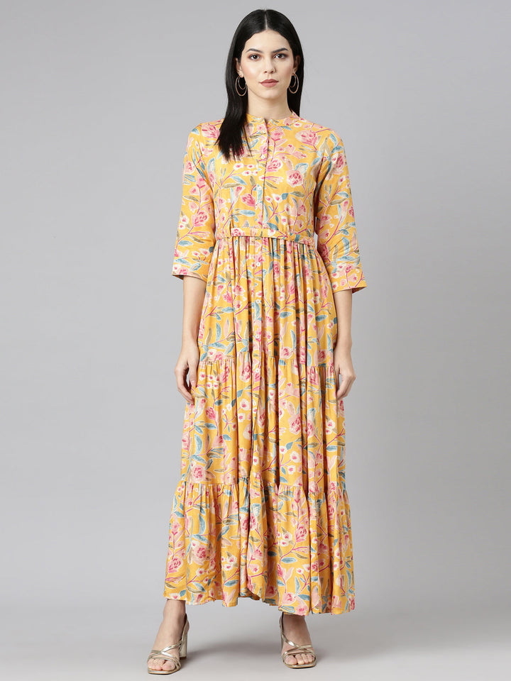 Neerus Yellow printed flared gown - detail view 2