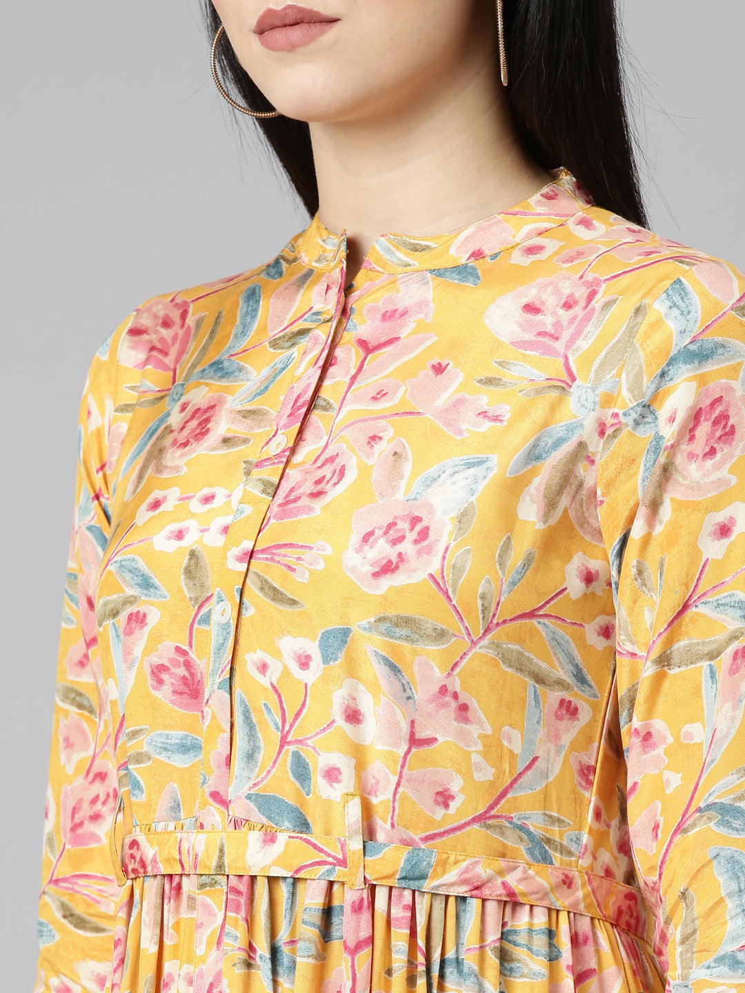 Neerus Yellow printed flared gown - detail view 1