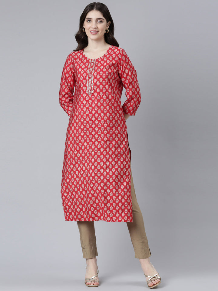 Neerus Red printed straight kurti - front view