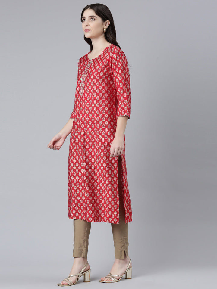 Neerus Red printed straight kurti - back view