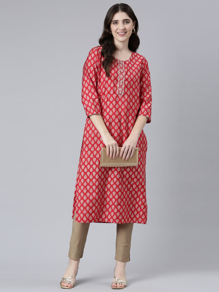Neerus Red printed straight kurti - detail view 2