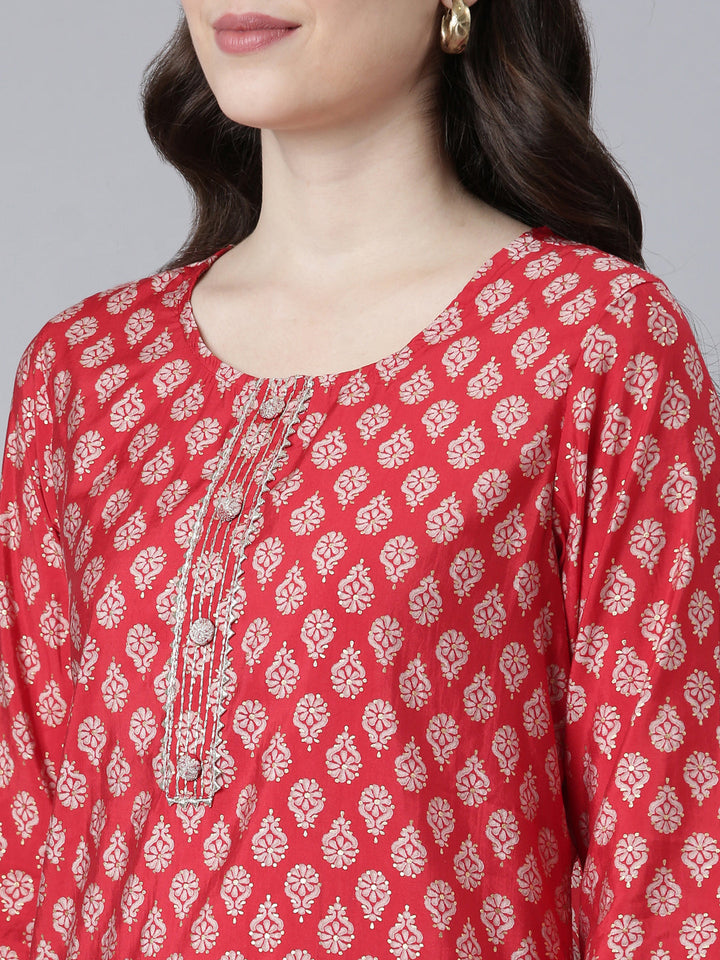 Neerus Red printed straight kurti - detail view 1