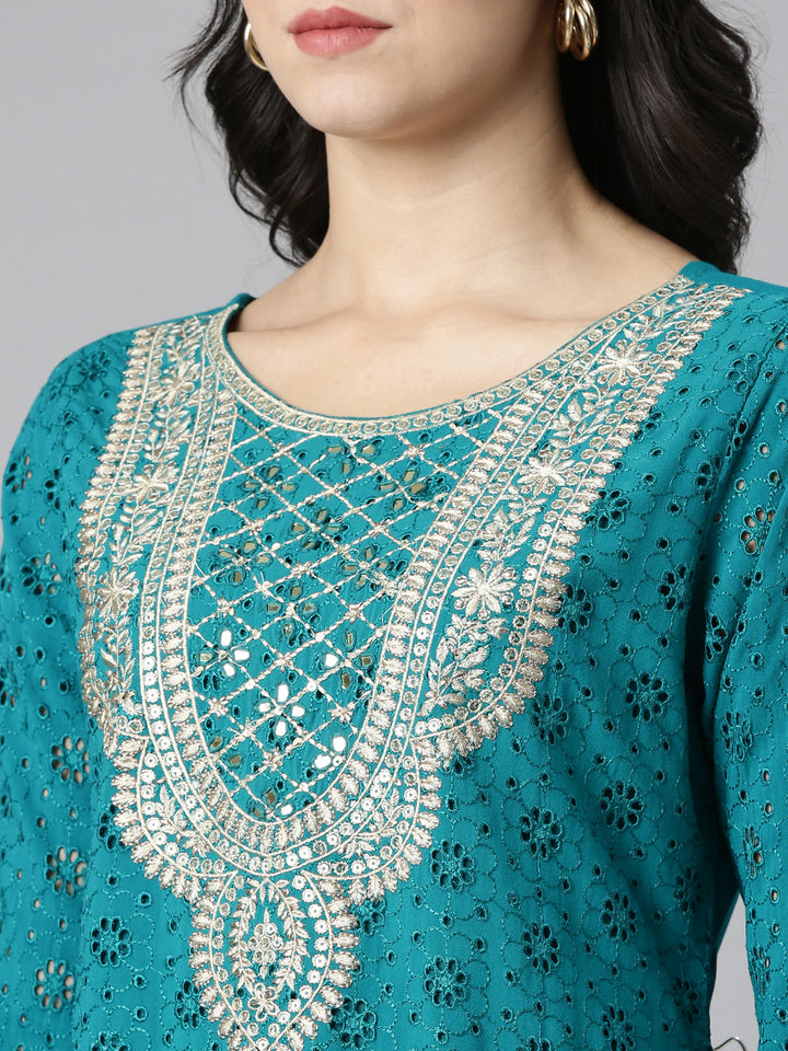 Neerus Green solid straight kurta set with trouser and dupatta - detail view 1