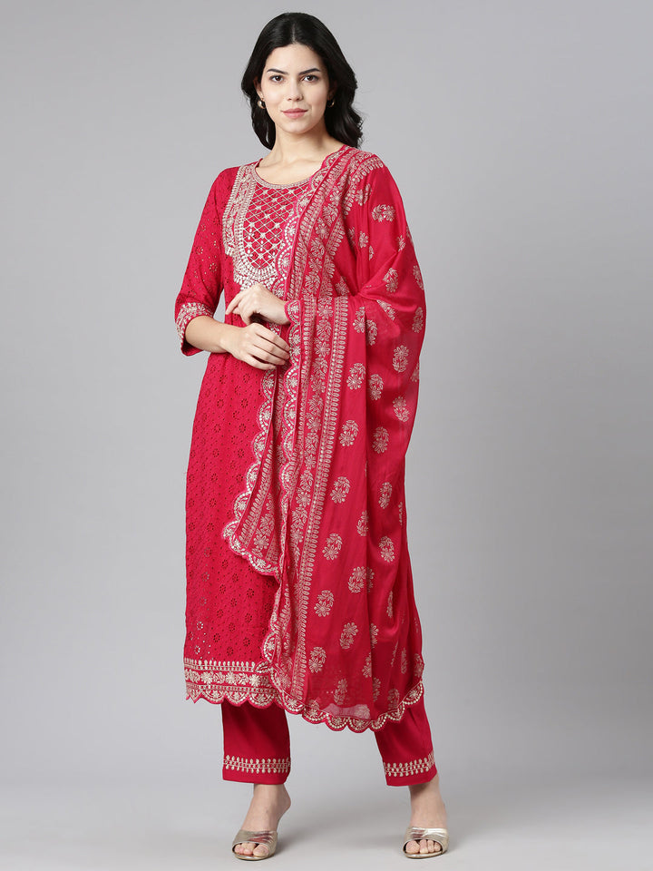Neerus Pink solid straight kurta set with trouser and dupatta - front view