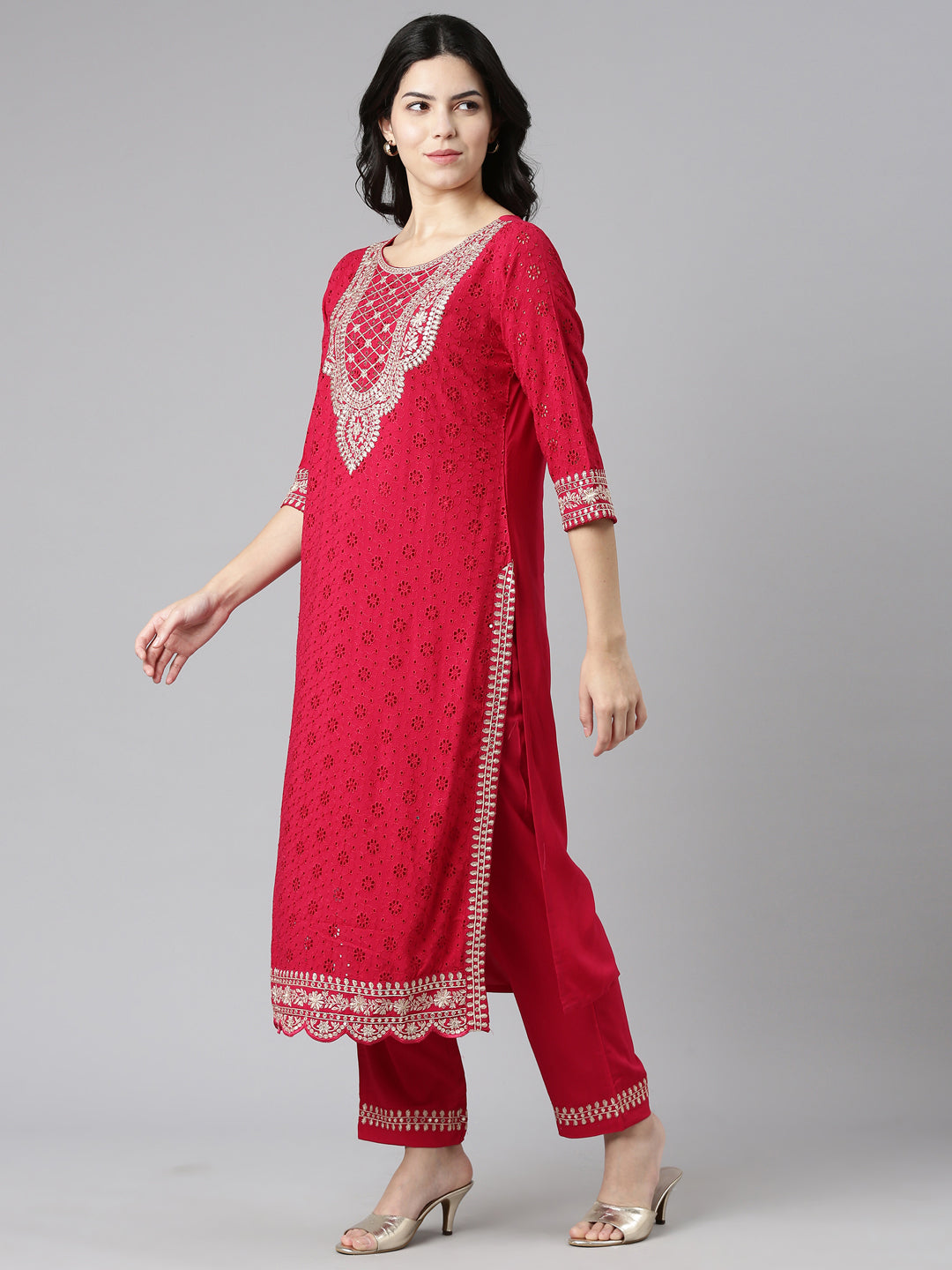 Neerus Pink solid straight kurta set with trouser and dupatta - back view