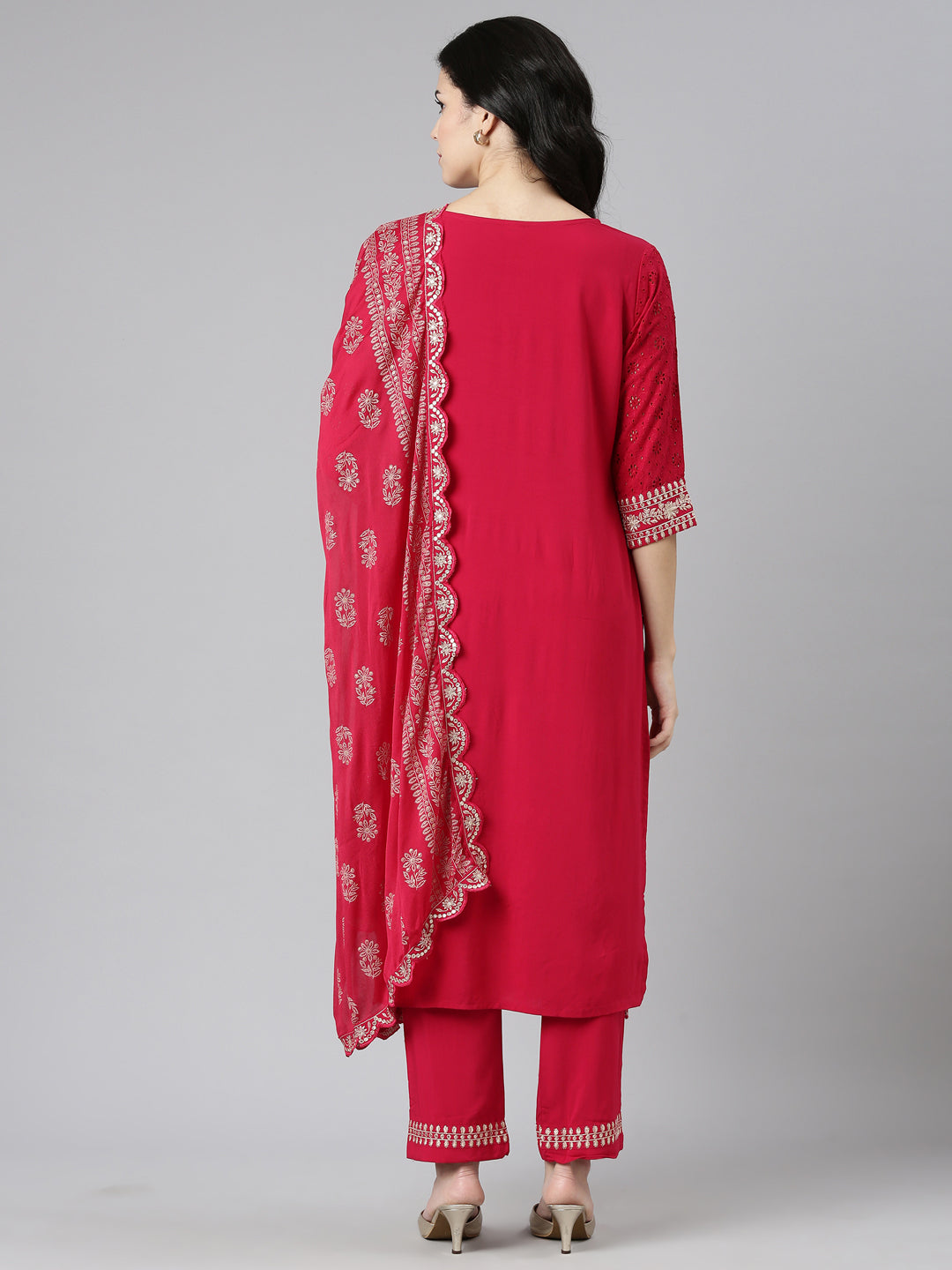 Neerus Pink solid straight kurta set with trouser and dupatta - side view