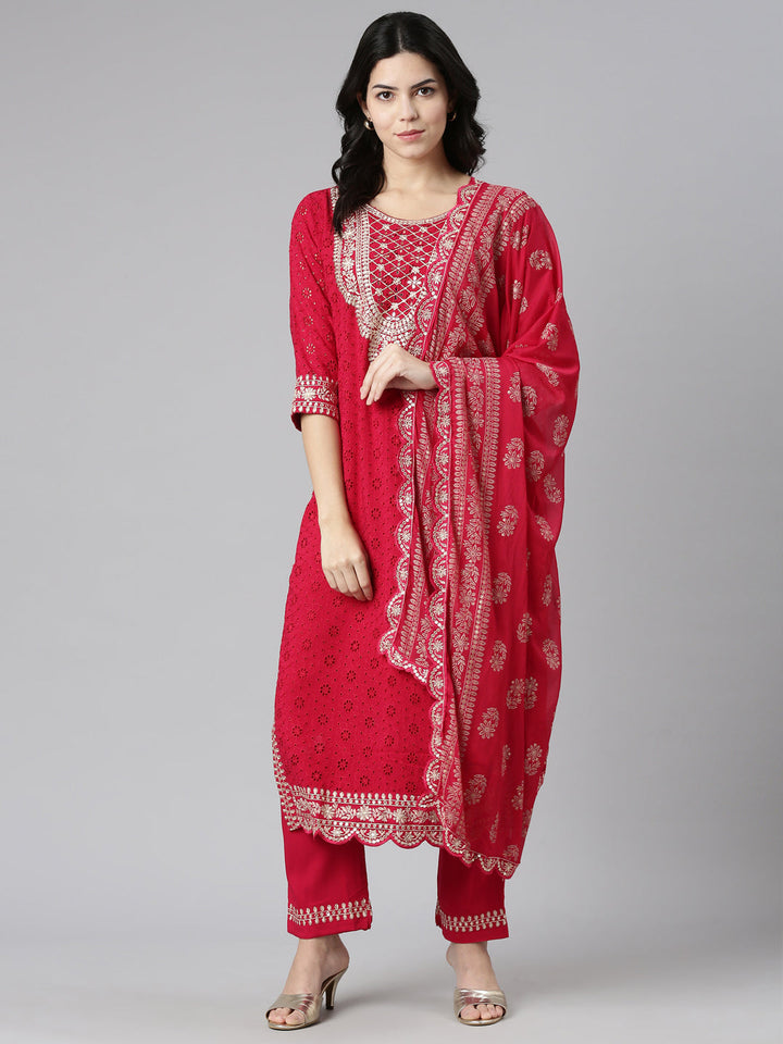 Neerus Pink solid straight kurta set with trouser and dupatta - detail view 2