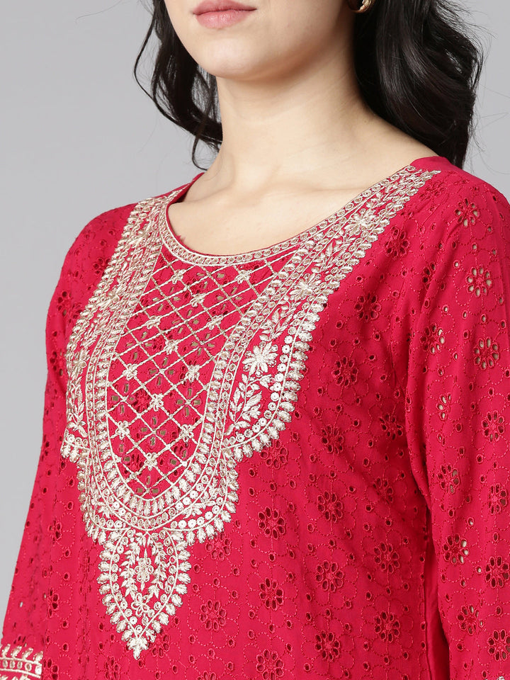 Neerus Pink solid straight kurta set with trouser and dupatta - detail view 1
