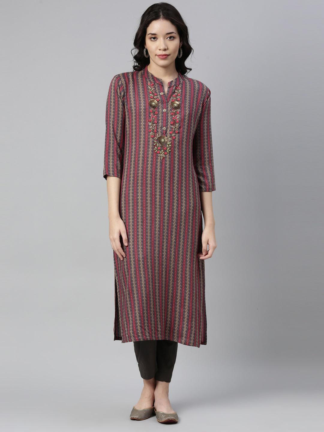 Neerus Pink cotton printed kurti - front view