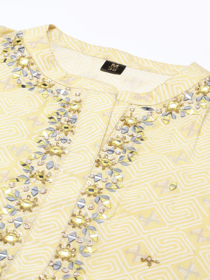 Neerus Yellow mirror work embroidered kurta set - detail view 2