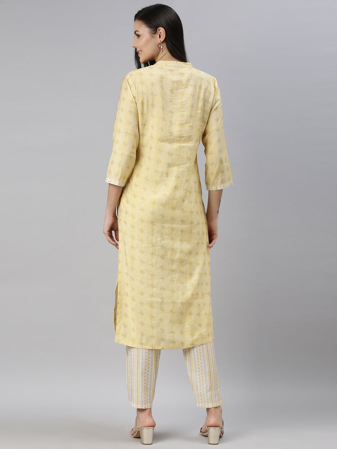 Neerus Yellow mirror work embroidered kurta set - detail view 1