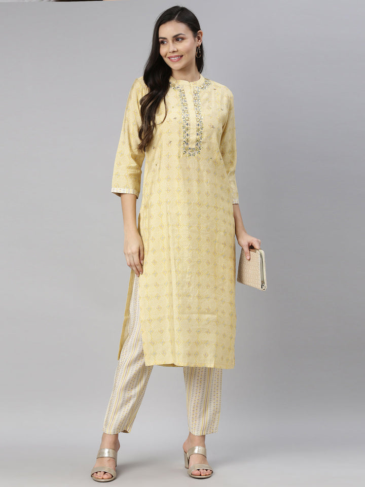 Neerus Yellow mirror work embroidered kurta set - detail view 3