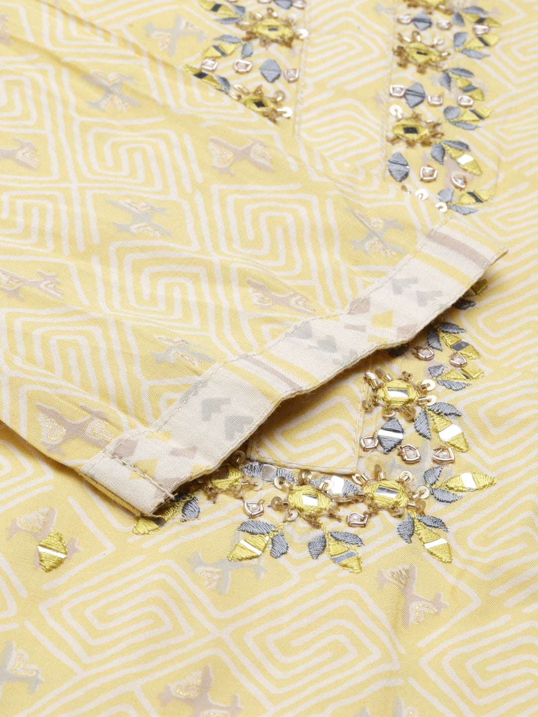 Neerus Yellow cotton mirror work kurta set - detail view 4