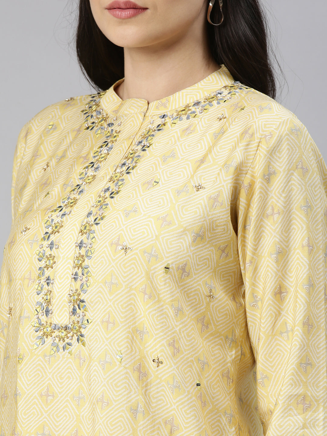 Neerus Yellow cotton mirror work kurta set - detail view 5