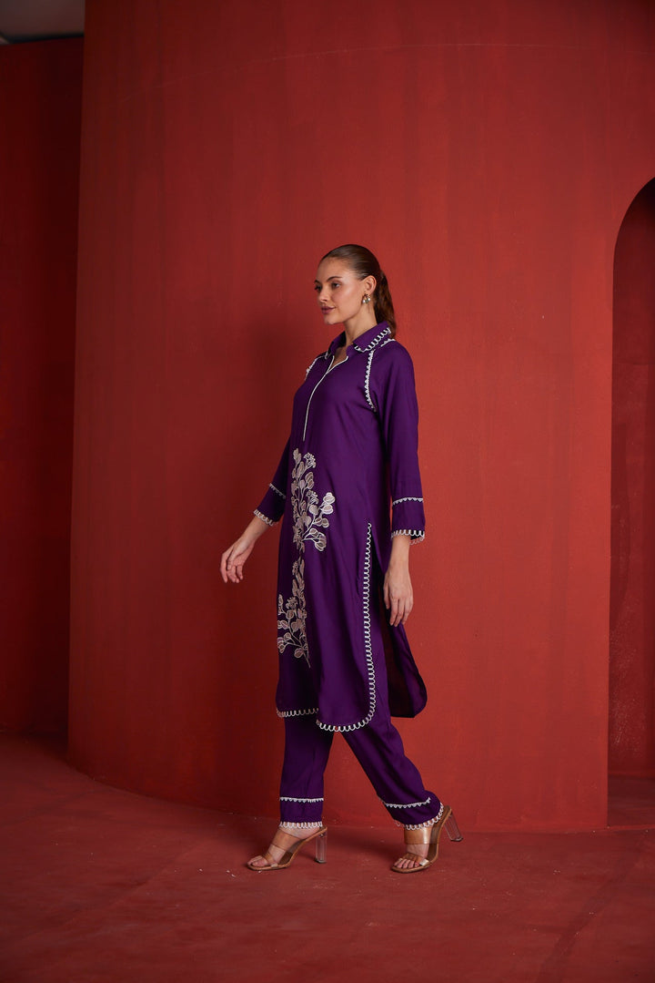 Neerus Purple rayon printed kurta set - back view