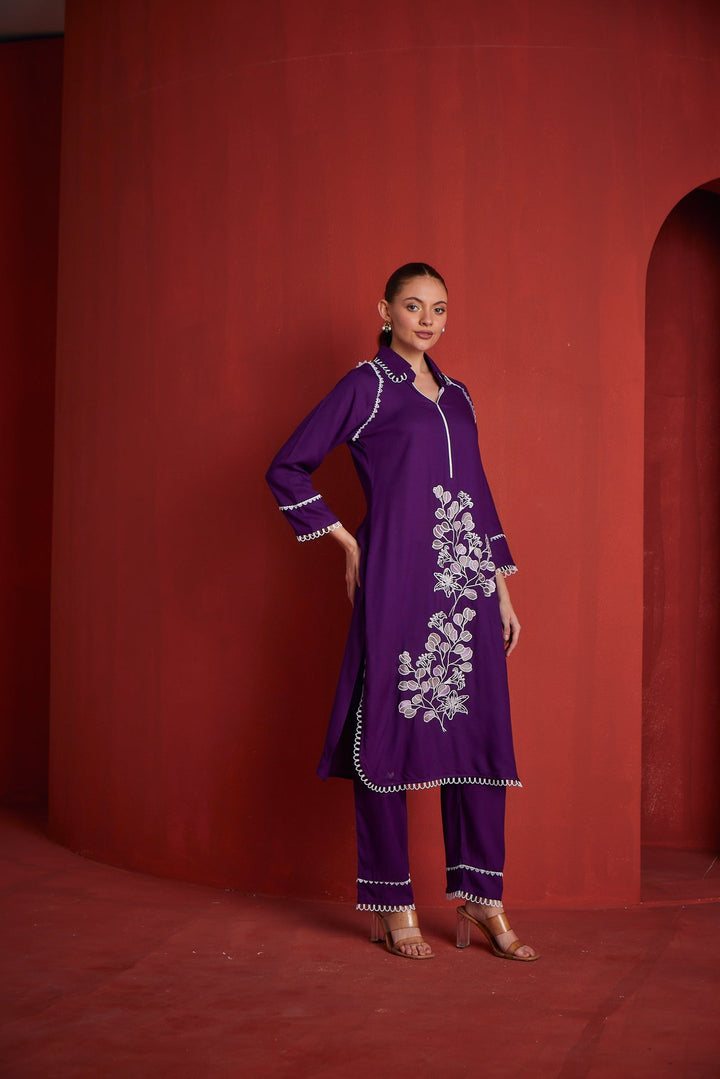Neerus Purple rayon printed kurta set - side view