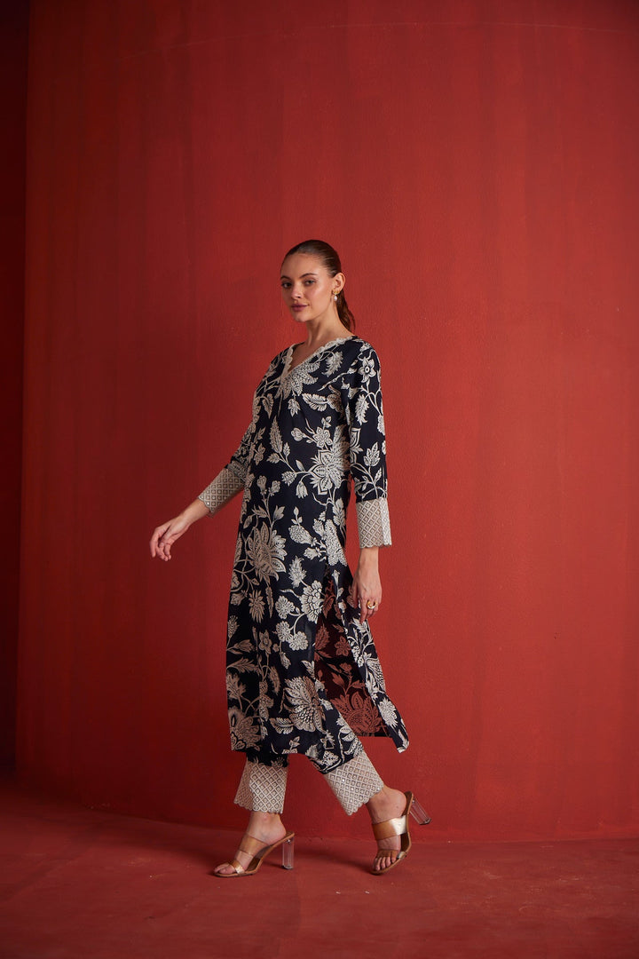Neerus Black muslin embroidered kurta set - detail view 1