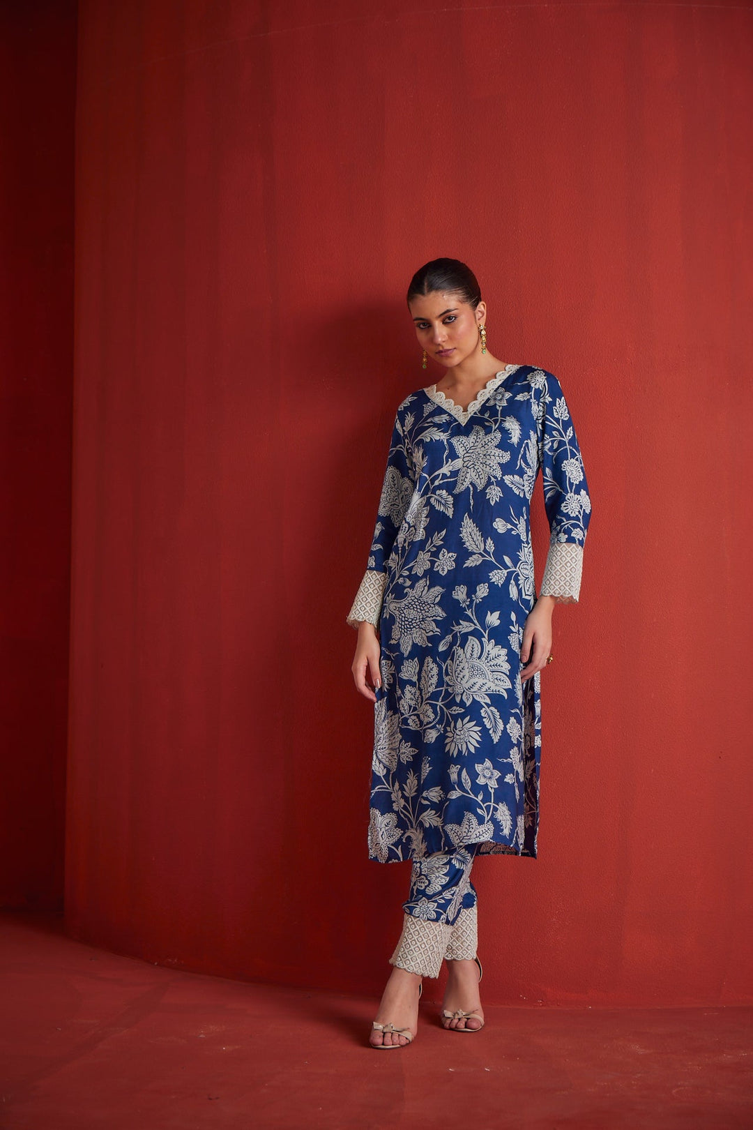 Neerus Blue cotton printed kurta set - front view