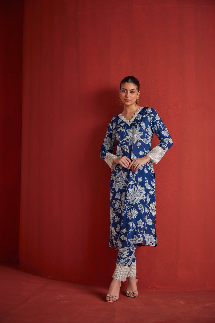 Neerus Blue cotton printed kurta set - back view