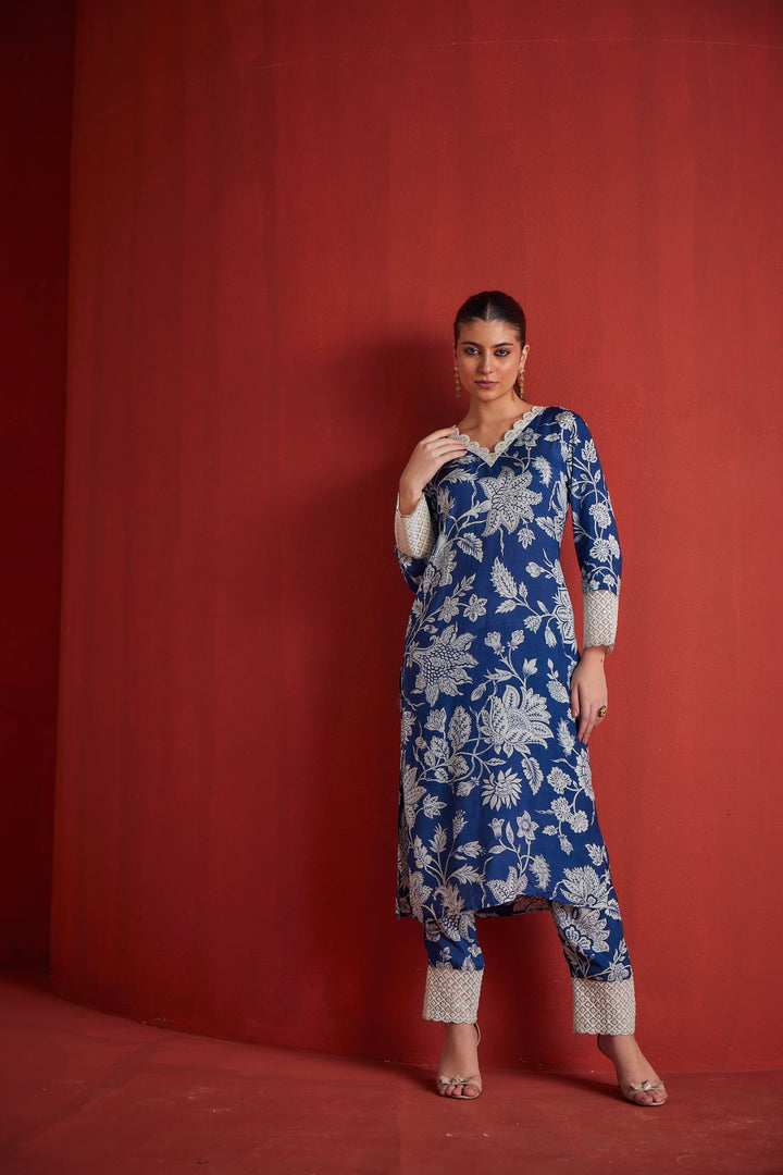 Neerus Blue cotton printed kurta set - side view