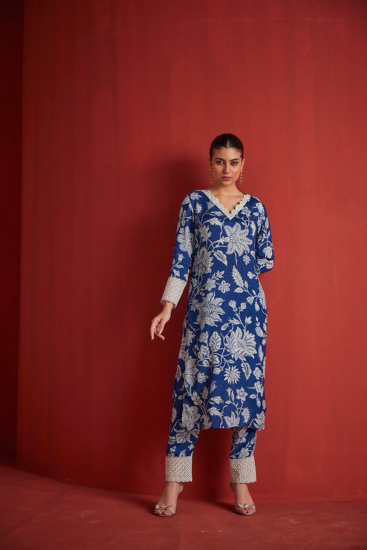 Neerus Blue cotton printed kurta set - detail view 1