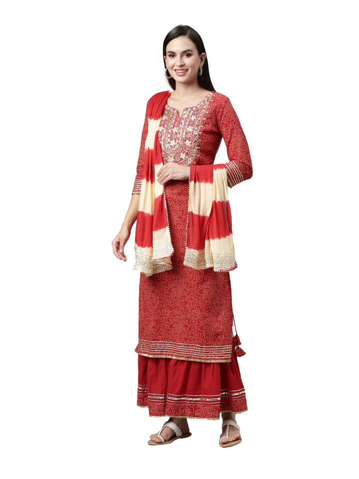 Neerus Red printed ethnic suit set with skirt and dupatta - front view