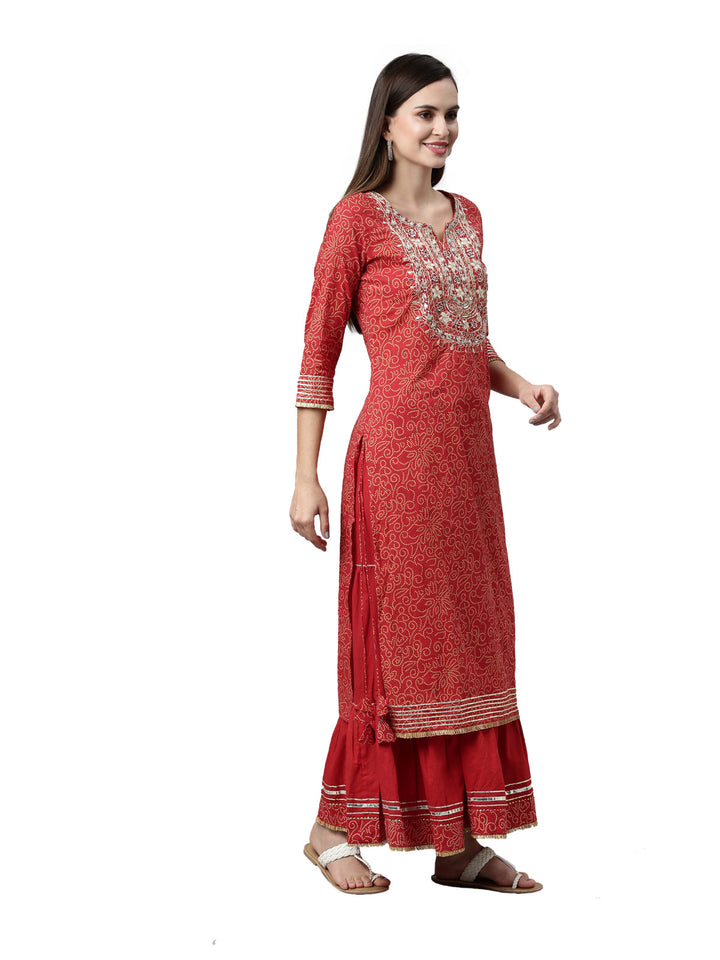 Neerus Red printed ethnic suit set with skirt and dupatta - side view