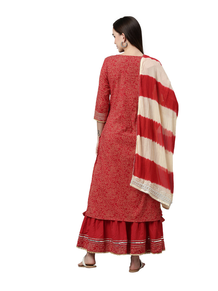 Neerus Red printed ethnic suit set with skirt and dupatta - detail view 1