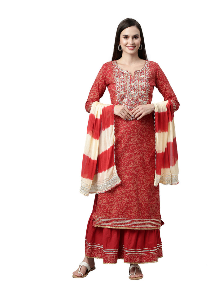 Neerus Red printed ethnic suit set with skirt and dupatta - detail view 3