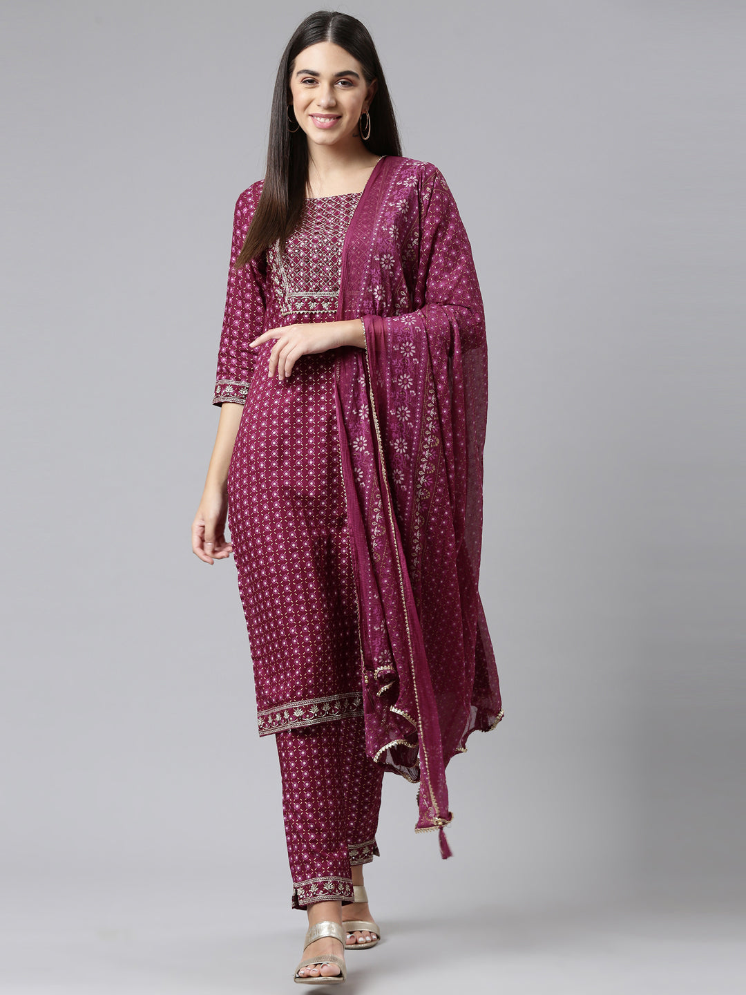 Neerus Purple georgette mirror work suit set - front view
