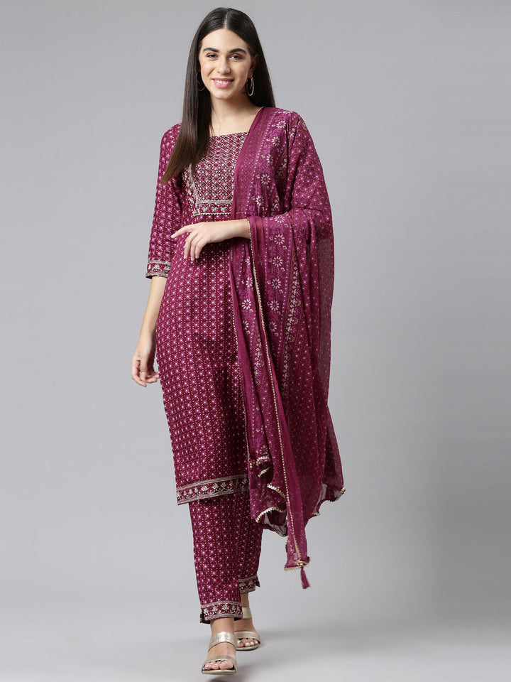 Neerus Purple georgette mirror work suit set - front view
