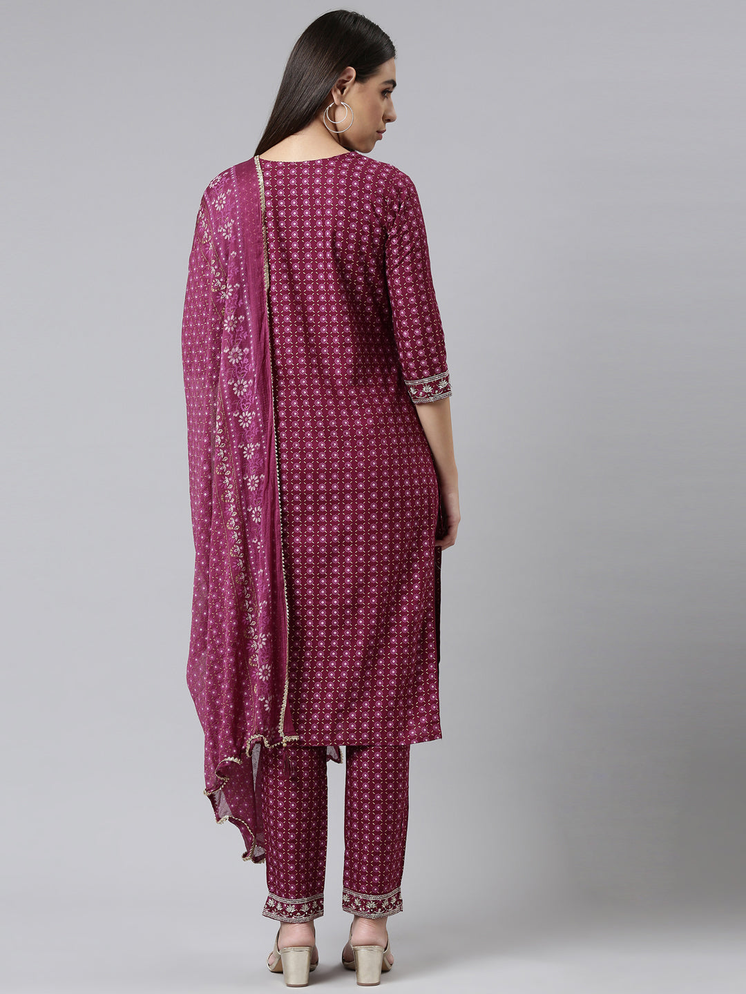 Neerus Purple georgette mirror work suit set - side view