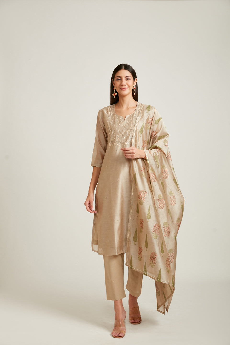 Neerus Beige Chanderi woven suit set - front view