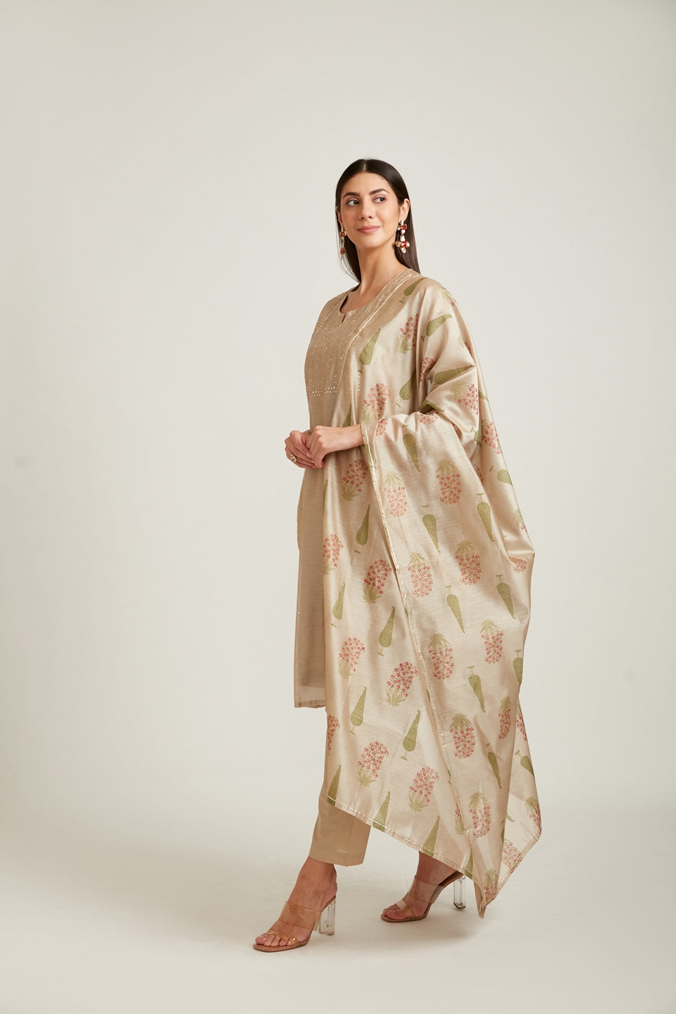 Neerus Beige Chanderi woven suit set - back view