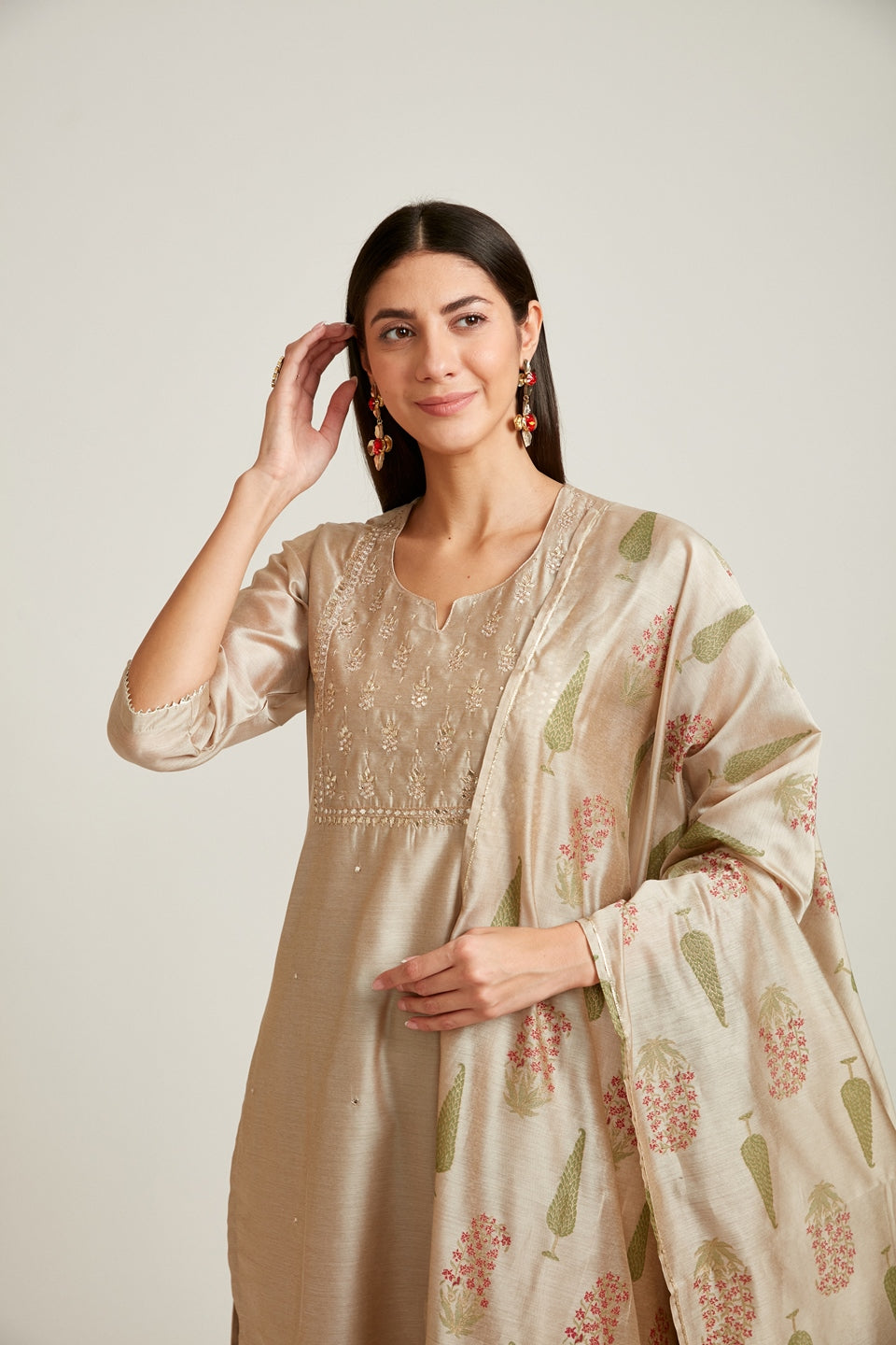 Neerus Beige Chanderi woven suit set - detail view 4