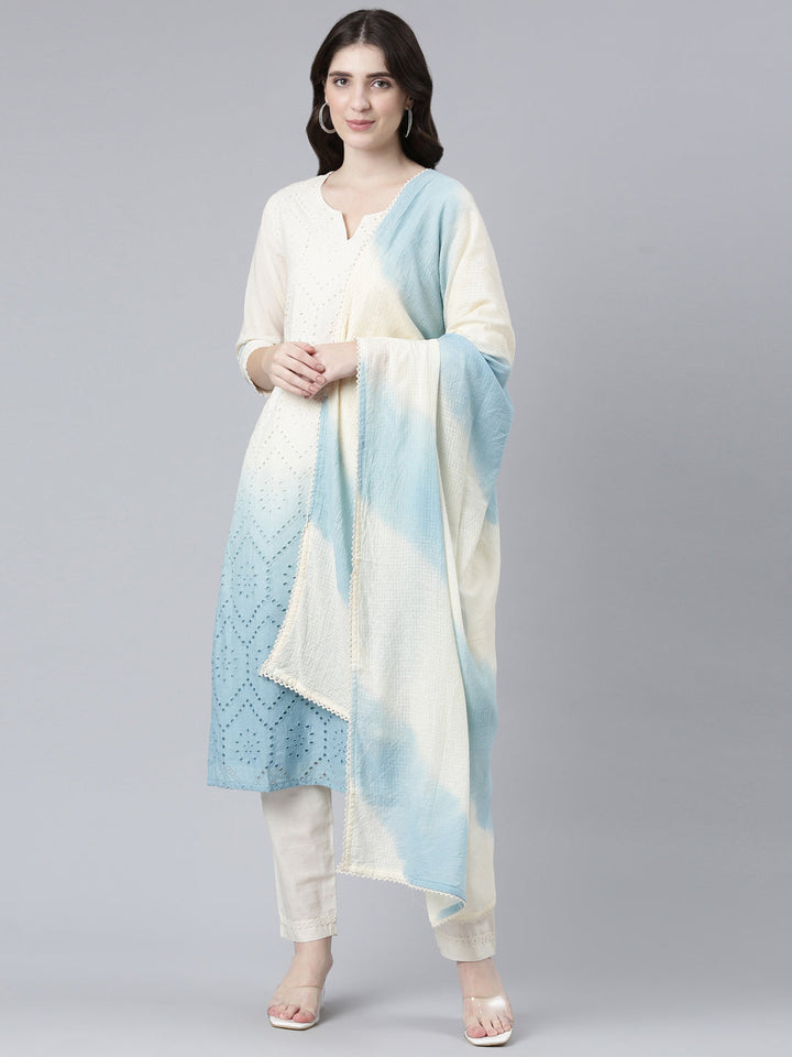 Neerus Cotton solid straight suit set with dupatta - front view